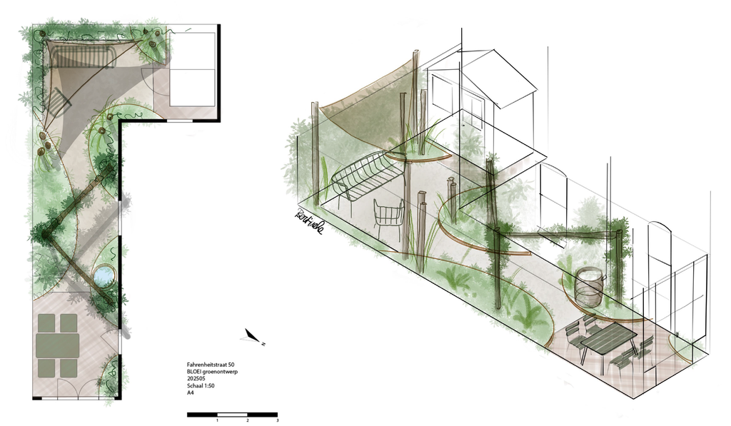 Conceptschets van een speelse stadstuin in Den Haag met kastanjehouten palen en tarp