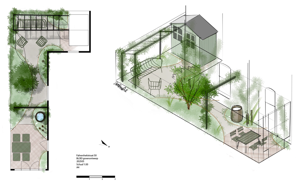 Conceptschets van een stadstuin in Den Haag met pergola geïntegreerd met de schuur