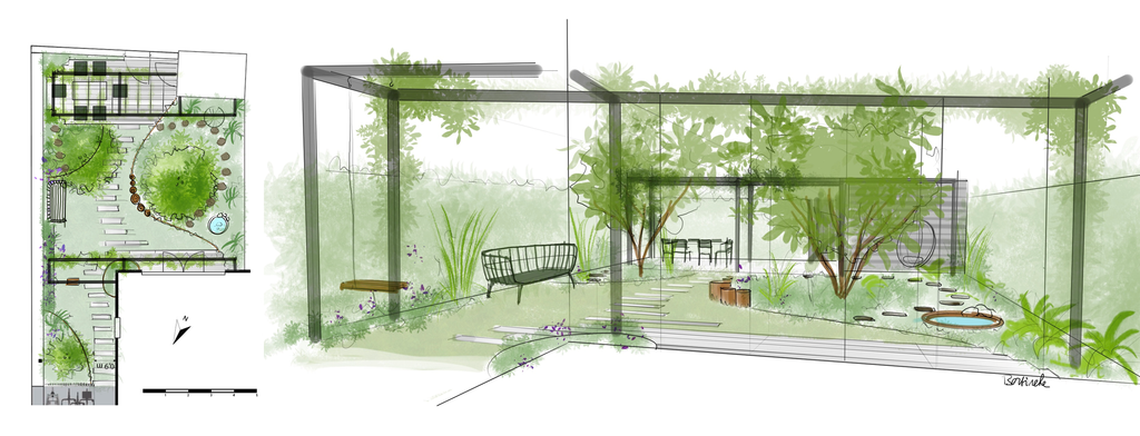Conceptschets van een groene stadstuin in Den Haag met terras, gras en pergola