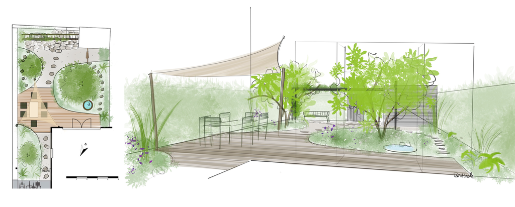 Conceptschets van een stadstuin in Den Haag met terras, flagstones en tarp op kastanjepalen