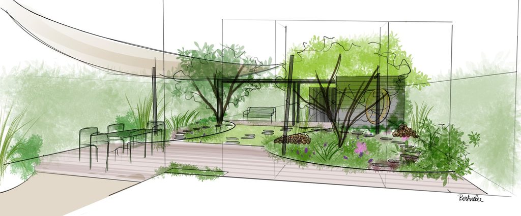 Schets van het gekozen ontwerp voor een groene stadstuin in Den Haag