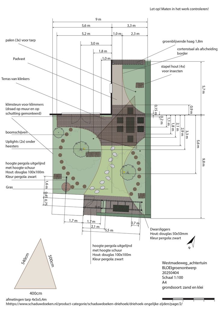 Werktekening van de groene achtertuin in Den Haag met speelplekken en beplanting
