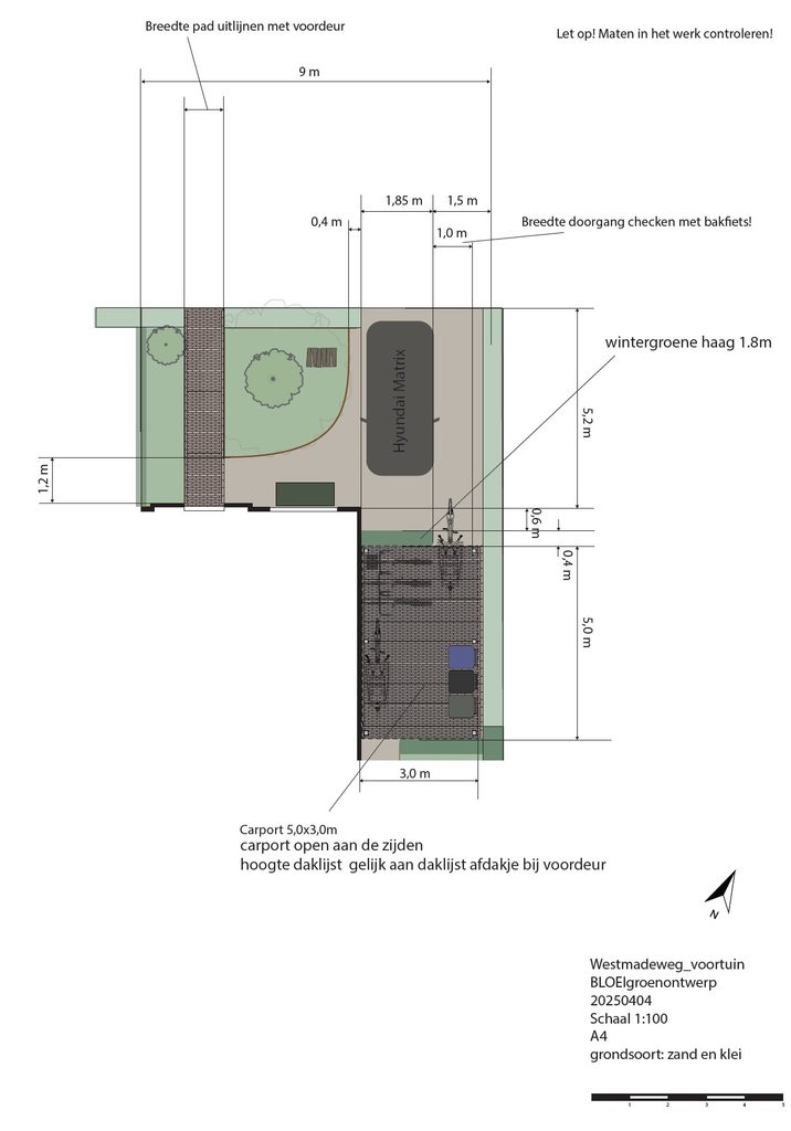 Werktekening van de groene voortuin bij een nieuwbouwhuis in Den Haag